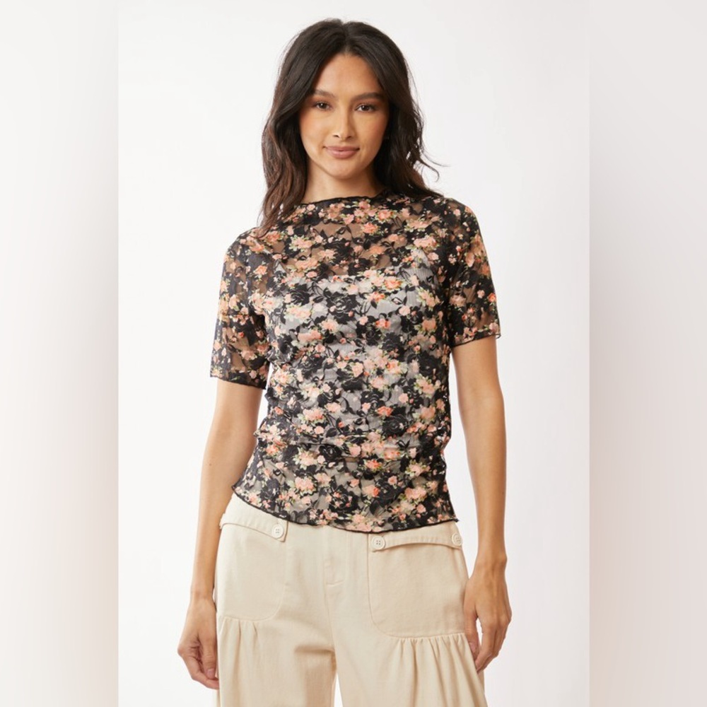 🟠 347B. Floral Lace Mesh Short Sleeve Top